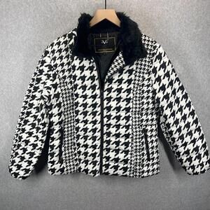 19V69 Italia Versace Jacket Puffer Houndstooth Black White Womens L Faux Fur EUC